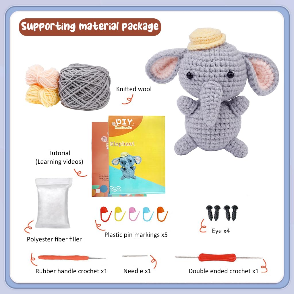 PATPAT Crochet Stuffed Animal Kit Crochet Kit for Beginners DIY Knitting Kit Full Set Crochet Starter Kit with Yarn, Polyester Fiber, Crochet Hooks, Tutorial Video, Kids Christmas Gifts (Elephant)