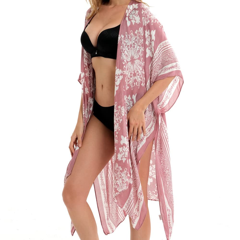 PALAY Women's Coverups for Beach Wear, Floral Print Beachwear for Women, Summer Swimsuits Beach Coverup Cardigan Wrap, Vacation Casual Cover Up for Bikini Swimwear (3/4 Sleeve, Open Front)