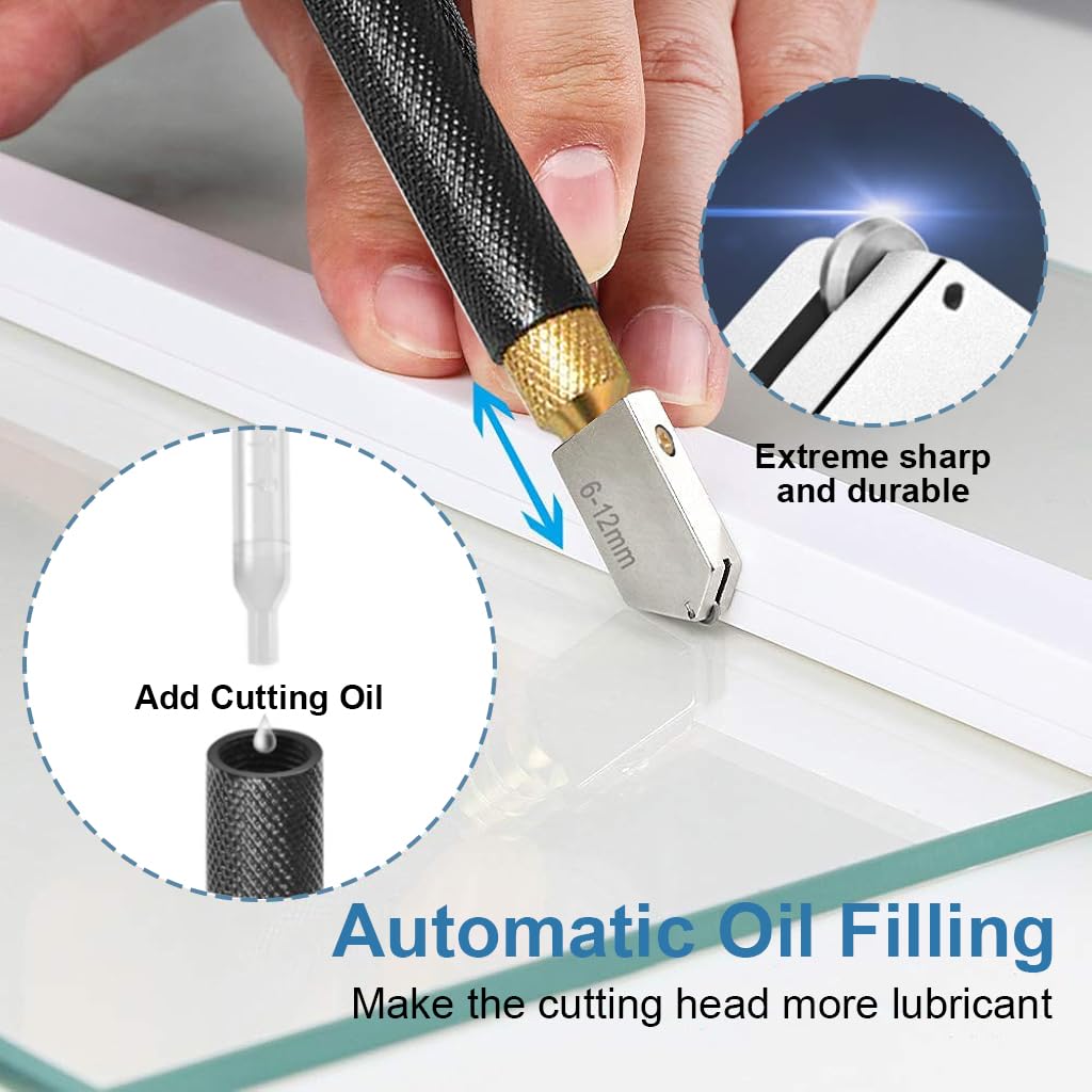 Serplex Glass Cutter Tool 2mm-20mm Manual Tile Cutter with 3 Cutter Bit Glass Cutter with Screwdriver & Dripper Pencil Style Oil Feed Carbide Tip for Glass Cutting/Tiles/Glass