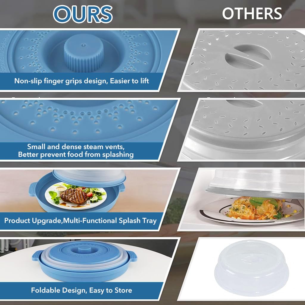 HASTHIP Microwave Splatter Cover & Tray Microwave Dish Cover Lid for Heating 10.6 Inch Dishes Splatter Cover Collapsible Lid Heat Resistant Dish Tray with Ears Space Saving Kitchen Dish Cover