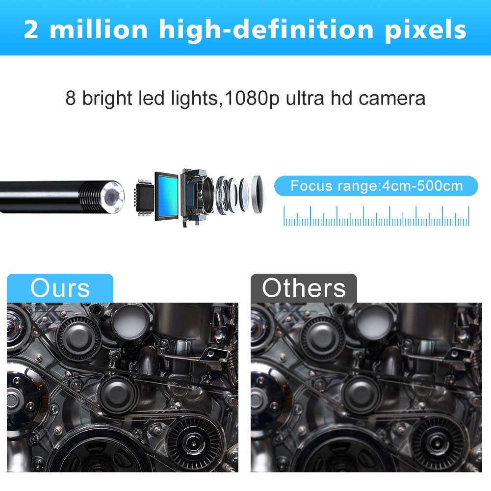 Verilux Endoscope Camera Wireless Endoscope 1200P HD Inspection Camera Premium IP67 Waterproof WiFi Borescope with Flexible Rigid Cable for Android iOS iPhone Samsung Smartphone PC 5 Meters Cable