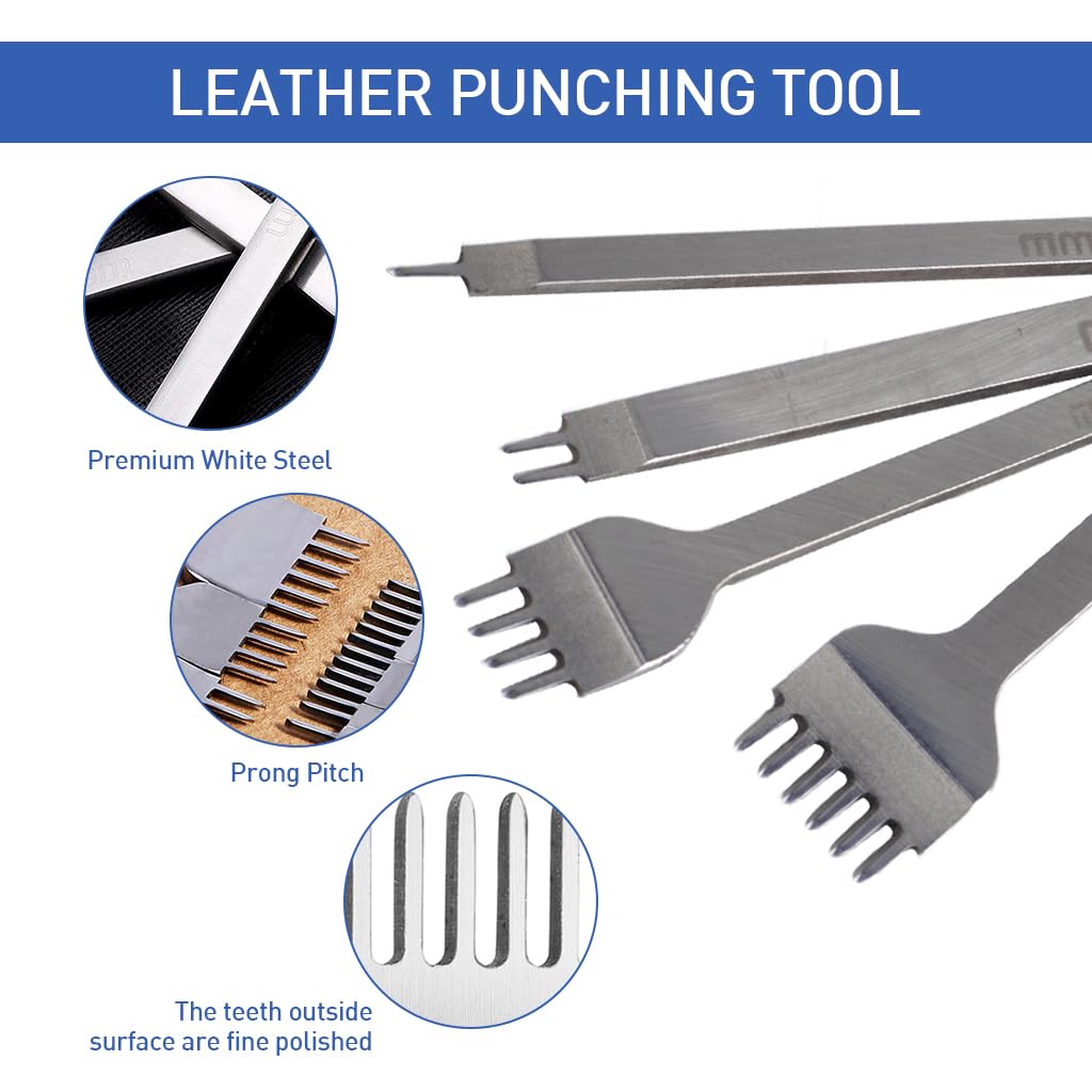 HASTHIP 4Pcs Leather Stitching Punches Stitching Chisel Set, 1/2/4/6 Prong Stitching Punch Tool Stitching Prong for DIY Leather Crafts Hand Leather Stitching Tools