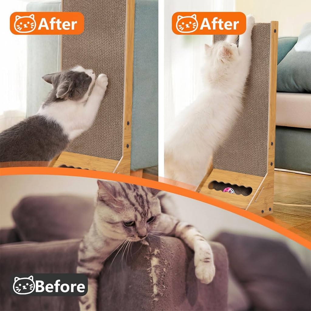 Qpets Cat Scratcher with Bell Toy 26.8 Inch Stand-up Cat Scratcher Premium Cardboard Scratcher for Cat Cardboard Scratcher Cat Toy