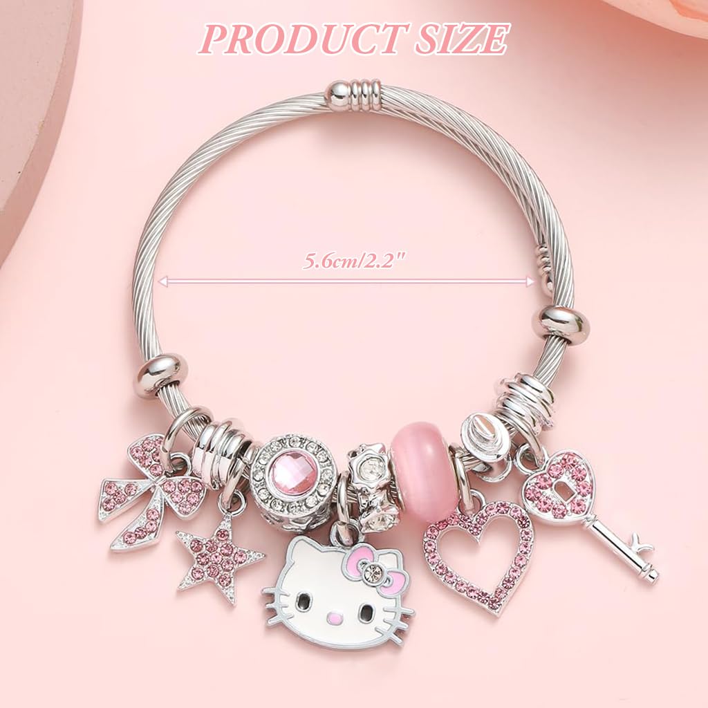 SANNIDHI Kawaii Girls Bracelet Cute Hello Kitty Bangle Pink Reshinestone Shining Girls Bangle Friendship Bracelet Stainless Steel Adjustable Hello Kitty Bangle for Girls Jewelry Gift for Girls