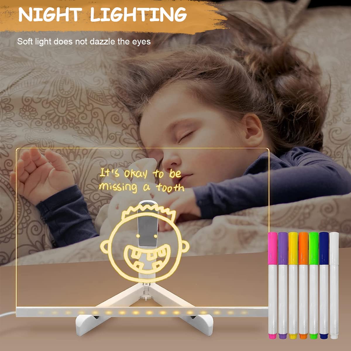 Climberty 3D Acrylic Writing Board with 7 Color Pen, 11.8'' X 7.9'' Light up Dry Erase Board with Stand, Rewritable Transparent Acrylic Writing Board for Leaving Messages, Daily Schedules, Plans