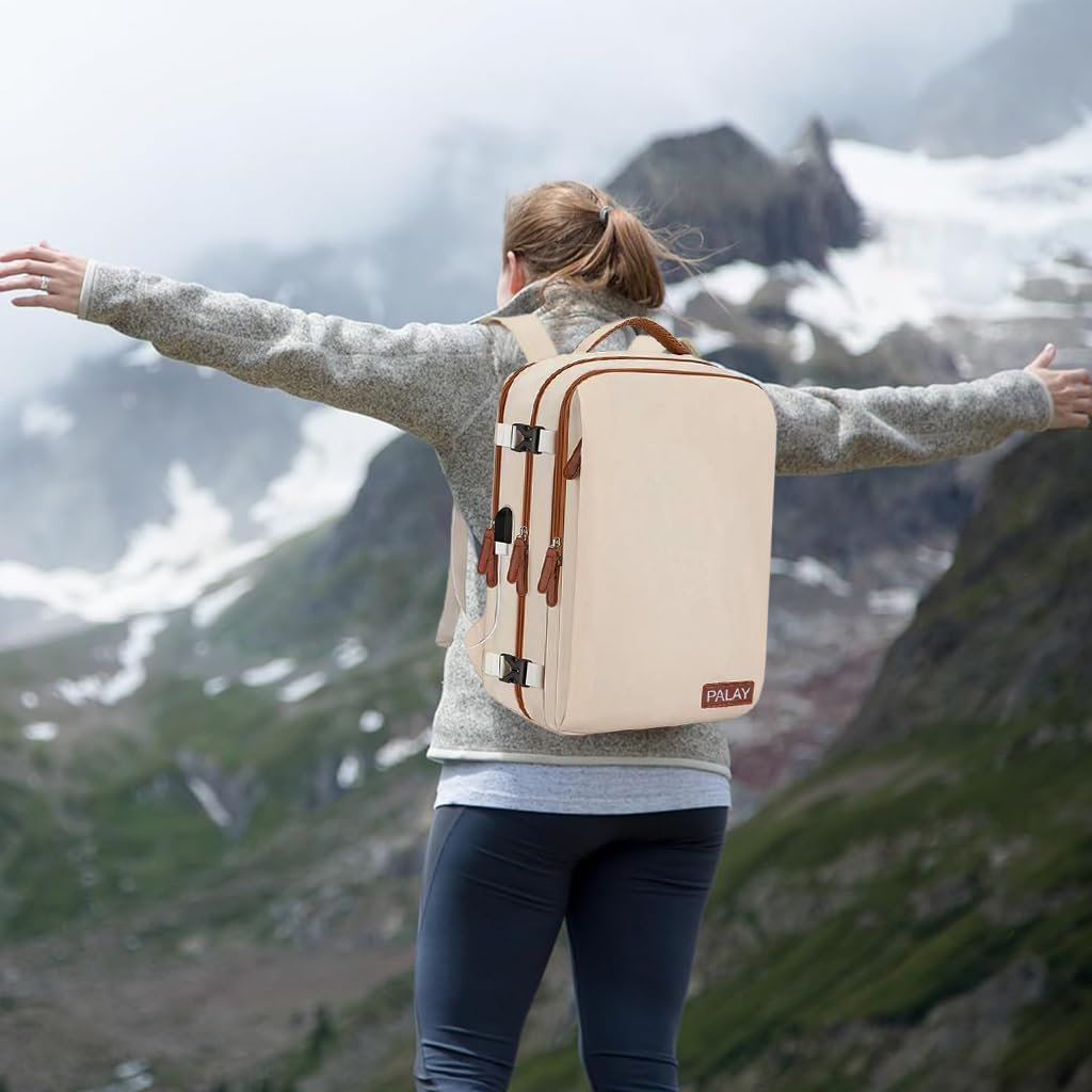 PALAY® Travel Laptop Backpack, 40L Double Layer 15.6 Inch Travel Laptop Backpack Fashion Beige Laptop Backpack Safe Anti-Theft Waterproof Oxford Cloth Laptop Backpack Travel Backpack with Shoe Bag