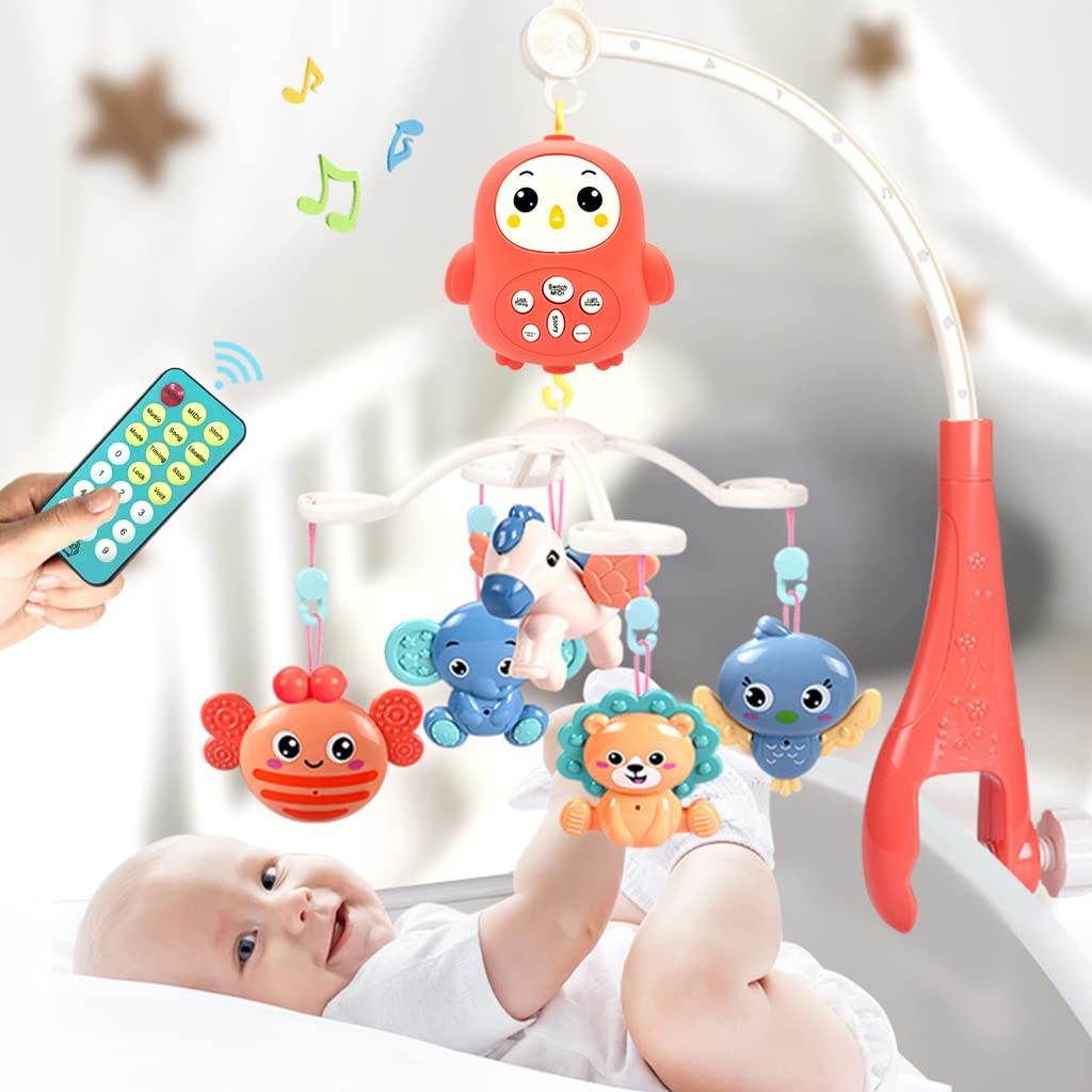 PATPAT Hanging Toys for Babies 0-6 Months Cot Mobile Musical Toys New Born Baby Toys Electric Rotation Crib Hanging Toy with Lullabies, Timing, Night Light Crib Mobile for Boys Girls 3-6 Months (Red)