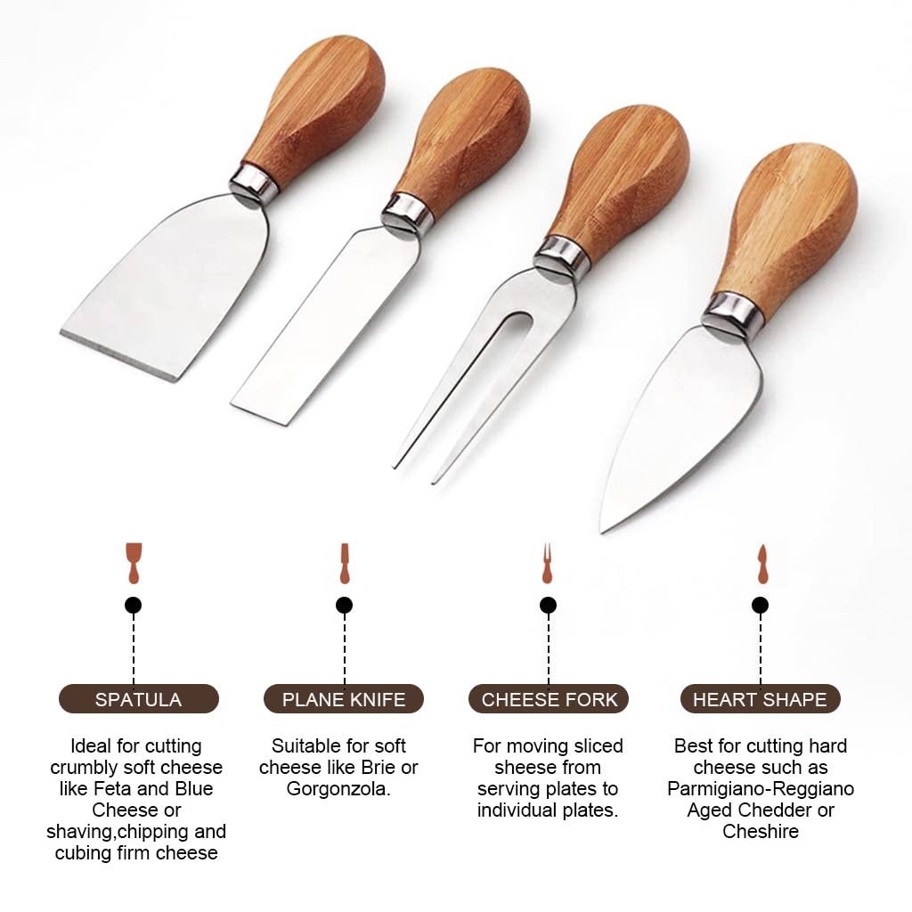 Supvox Cheese Board Platter Set with Utensils Holder Food-Grade Charcuterie Board Tray Square Cheese Platter Board Natural Bamboo Cheese Board with 4 Stainless Steel Cheese Knives 11x14 in