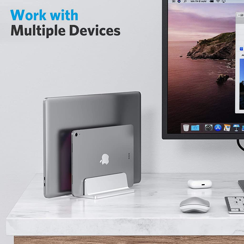 ZIBUYU Laptop Stand Vertical Desktop Aluminum Laptop Stand Holder with Adjustable Dock Stand with Dual Slots All Laptop MacBook, iPad, Dell, Asus, Lenovo, Microsoft (Up to 17.3 inch) - Silver