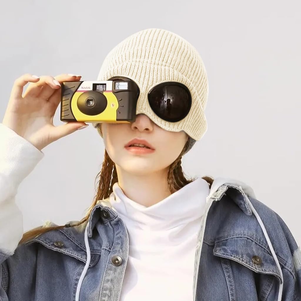 PALAY Winter Hat Knitted Beanie Warm Hat Fashion Goggles Lens Knitted Cap Creative Couple (Beige)