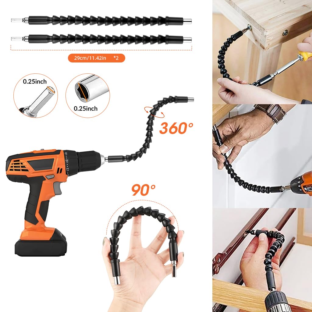 Serplex Flexible Drill Bit Extension Set with 105° Right Angle Attachment, Rotatable Joint Socket 3PCS (1/4, 3/8, 1/2 In Hex Adapter) & Bendable Screwdriver Bit for Home DIY and Professional Use