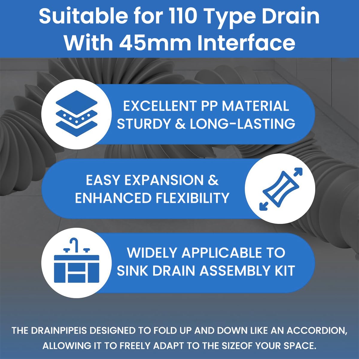 HASTHIP Kitchen Sink Drain Kit with Expandable Drain Pipe Wash Basin Drain Pipe Kit Stainless Steel Drain Flange Anti-Odor Kitchen Sink Drain Pipe Replacement Fits 3.35