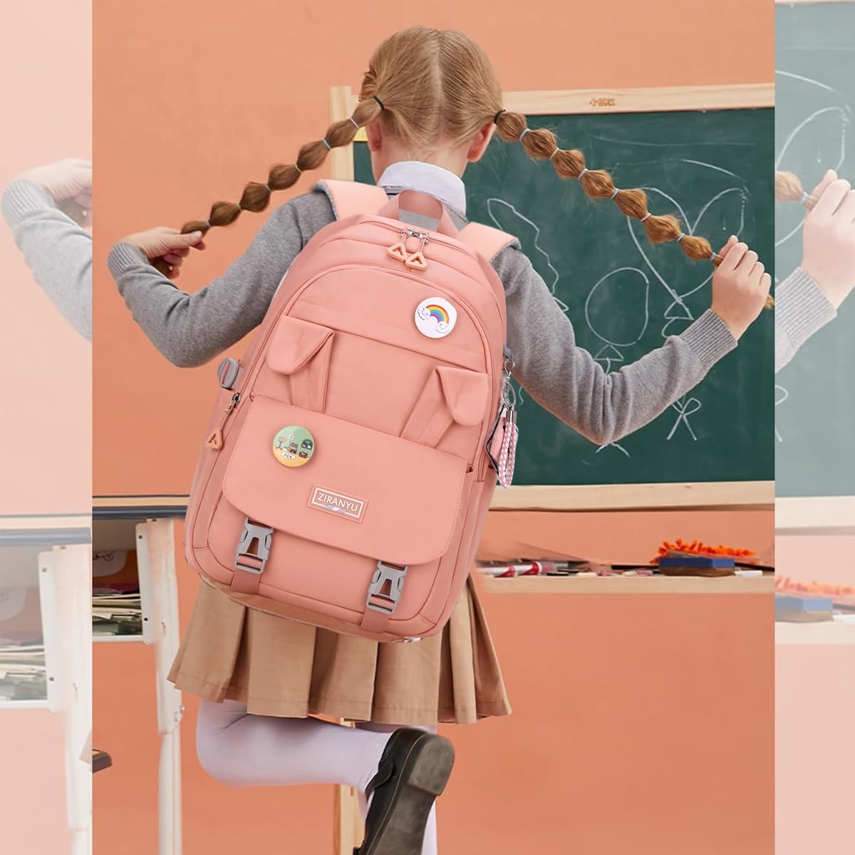 PALAY School Backpack for Girls Kawaii Bunny Ear Pink 15.6 Inches Laptop Backpack Fashion Nylon Casual Travel Backpack Multi Compartment Book Bag Chirstmas Birthday Gift for Girls, 32x20x43cm