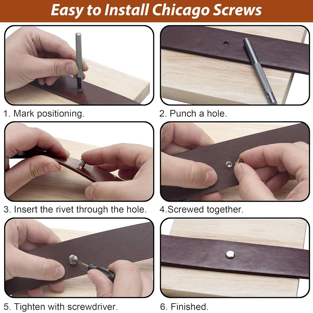 HASTHIP 110 Sets Chicago Screws Kit Silver Metal Chicago Screws of 6 Sizes Leather Rivets Chicago Screws for DIY Leather Crafting Chicago Screws for Leather Belt, Handbags, Luggage Straps, Satchels