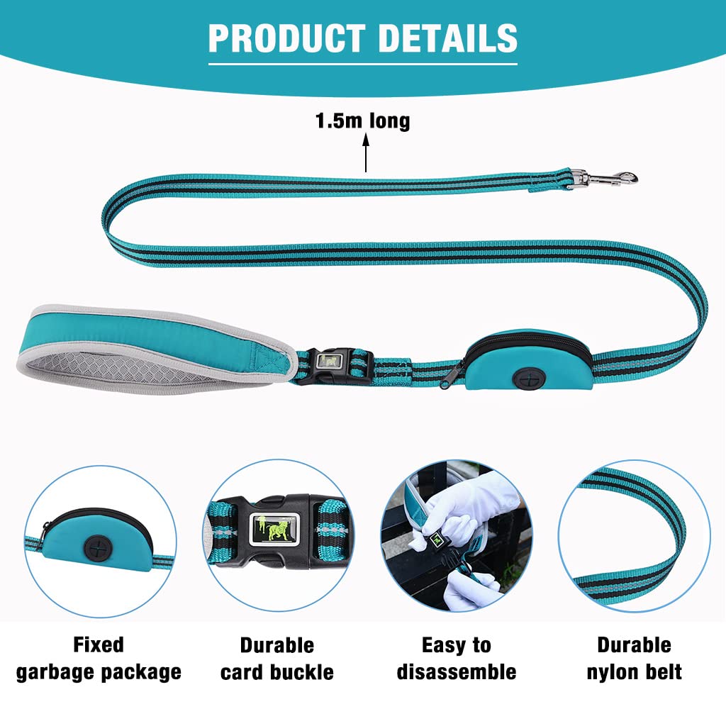 Qpets 1.5m Dog Belt for Small Dogs with Poop Bag Zipper Organizer Design, Nylon Rope, Leash for Dog with Comfortable Padded Hand Grip Quick Release Buckle for Walking Slip Leash