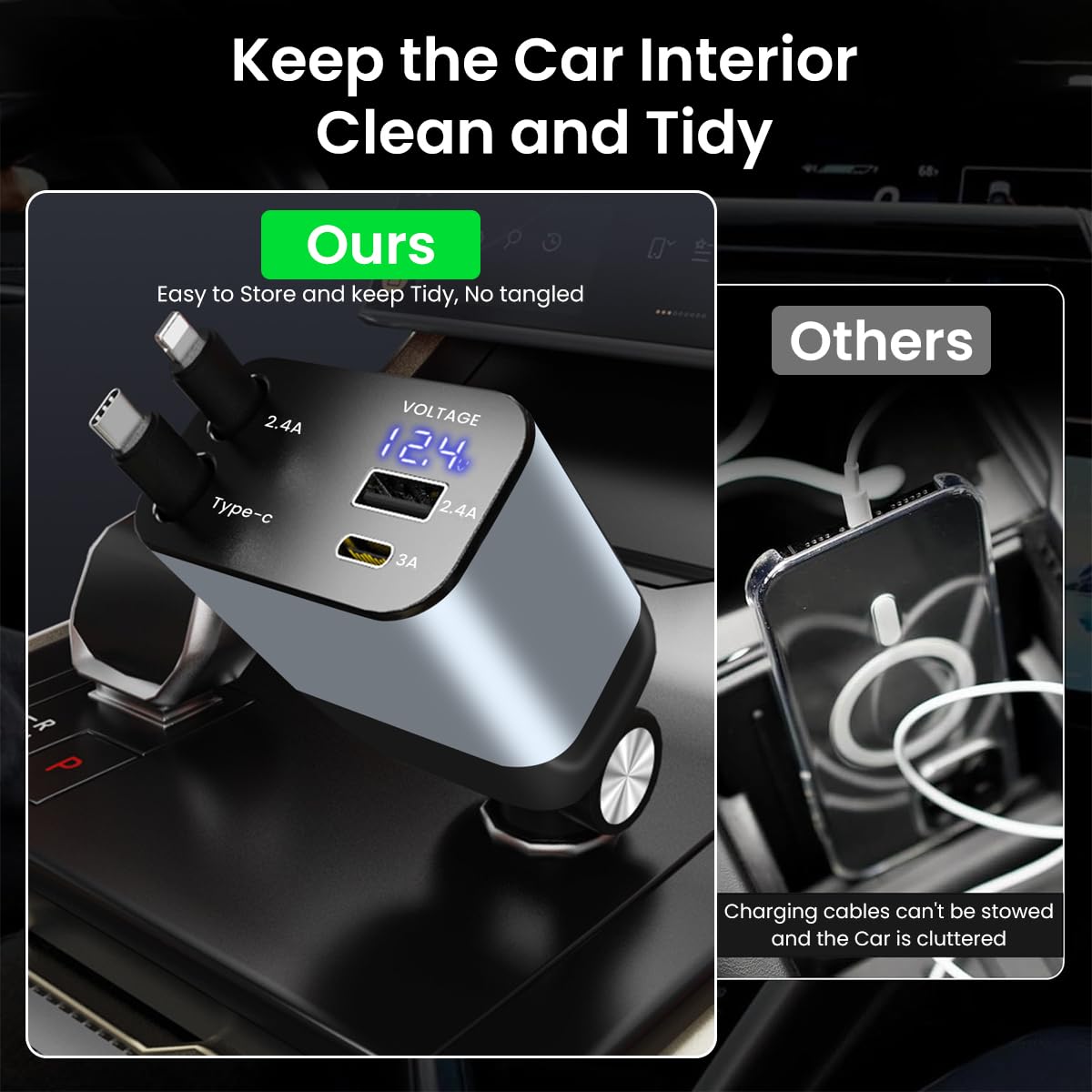 HASTHIP Retractable Car Charger, 4 in 1 Fast Car Phone Charger 66W, 2 Retractable Cables and USB Car Charger,