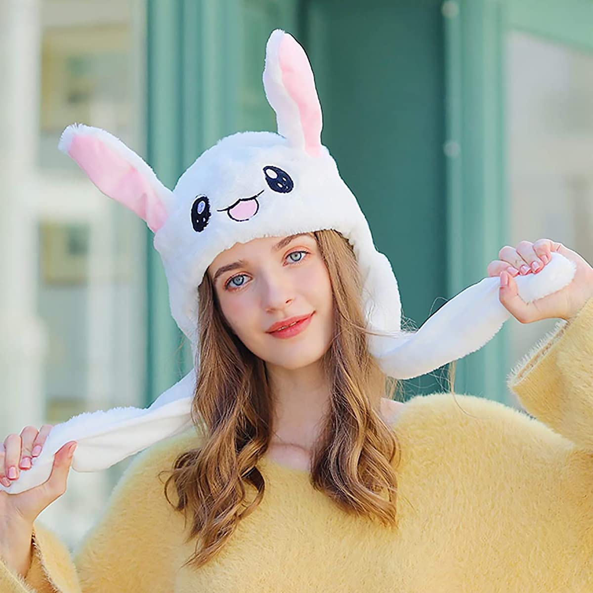 PATPAT Plush Animal Bunny Dancing Ears Hat, Cute Rabbit Moving Ear Flaps and Press Paws for Girls Women Kids, Birthday Gift (White)