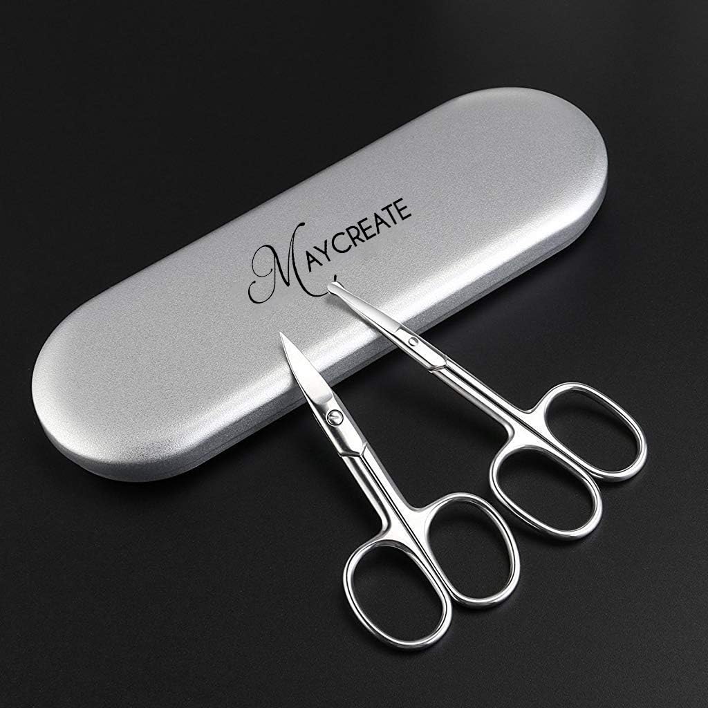 MAYCREATE Nose Scissors Beard Mustache Eyebrow Trimmer Stainless Steel Set with Storage Box (Silver)