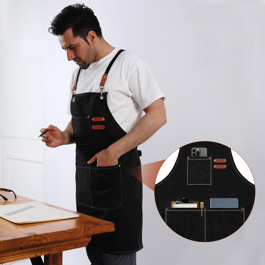 HASTHIP Waterproof Apron for Home Kitchen, Grill, Restaurant, Workshop with Tool Pockets, Thicken Canvas Dustproof Apron, Adjustable Apron for Handwork, Woodenwork, Gardening