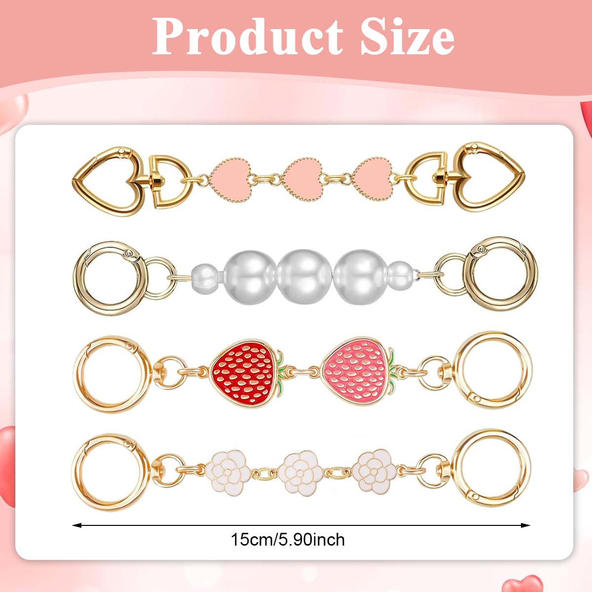 PALAY 4Pcs Purse Chain Bag Strap Extender Gold Cute Heart Shape Pearls Flower Handbag Chain Strap Replacement Fashion Bag Extension Chain for Bags, Purse, Sling Bag (5.7-6.7 In)