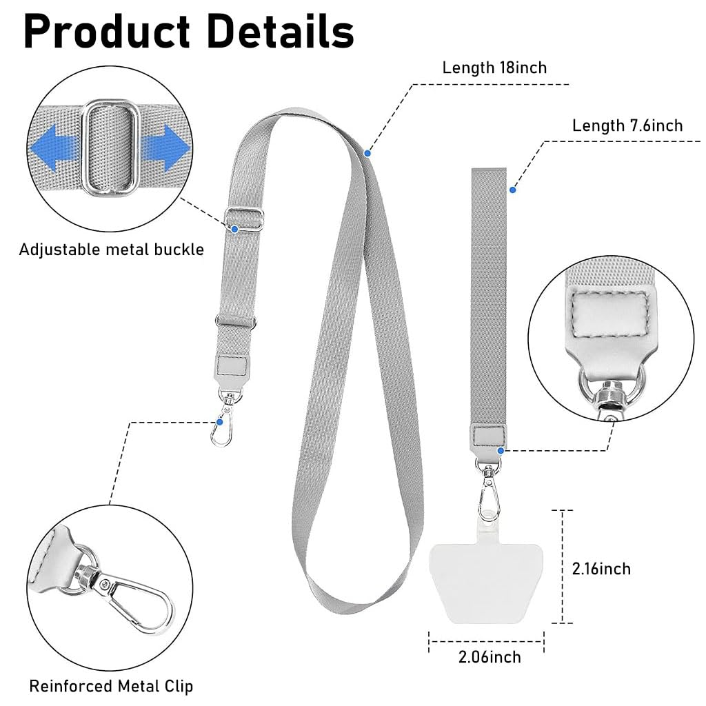 ZORBES Phone Lanyard Phone Hand Strap Set Phone Neckstrap for All Phone Case Adjustable Grey Phone Sling with 2 Self-Adhesive Inserts Phone Sling Hand Strap, Not Includes Phone Case