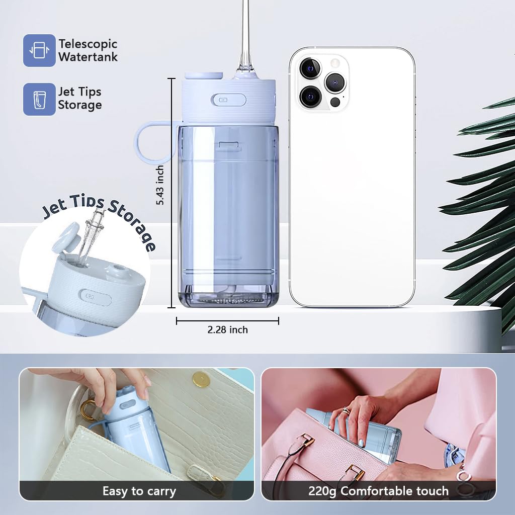 HANNEA Rechargeable Water Dental Flosser Retractable 180ml Dental Cleaner High Frenquency Water Dental Flosser with 3 Modes, 5 Jet Tips, 90s Timing Function, IPX7 Waterproof Water Dental Cleaner