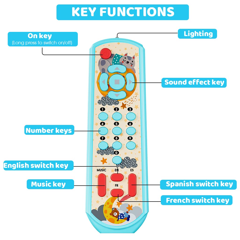 PATPAT Remote Control Toys for Babies Three Language Musical Light Toy Remote, Montessori Learning TV Remote Toy, Soothing Toy, Sensory Toy, Educational Toys for 6 Months+ Toddlers Boys Girls (Blue)