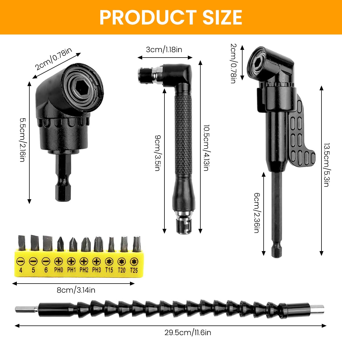 Serplex Set of 14Pcs Flexible Drill Bit Extension, with 2Pcs Hex Shank 105° Right Angle Drill Attachment, 10Pcs Screwdriver Bits 90° Angled Bits and Bendable Drill Bit Extension Set
