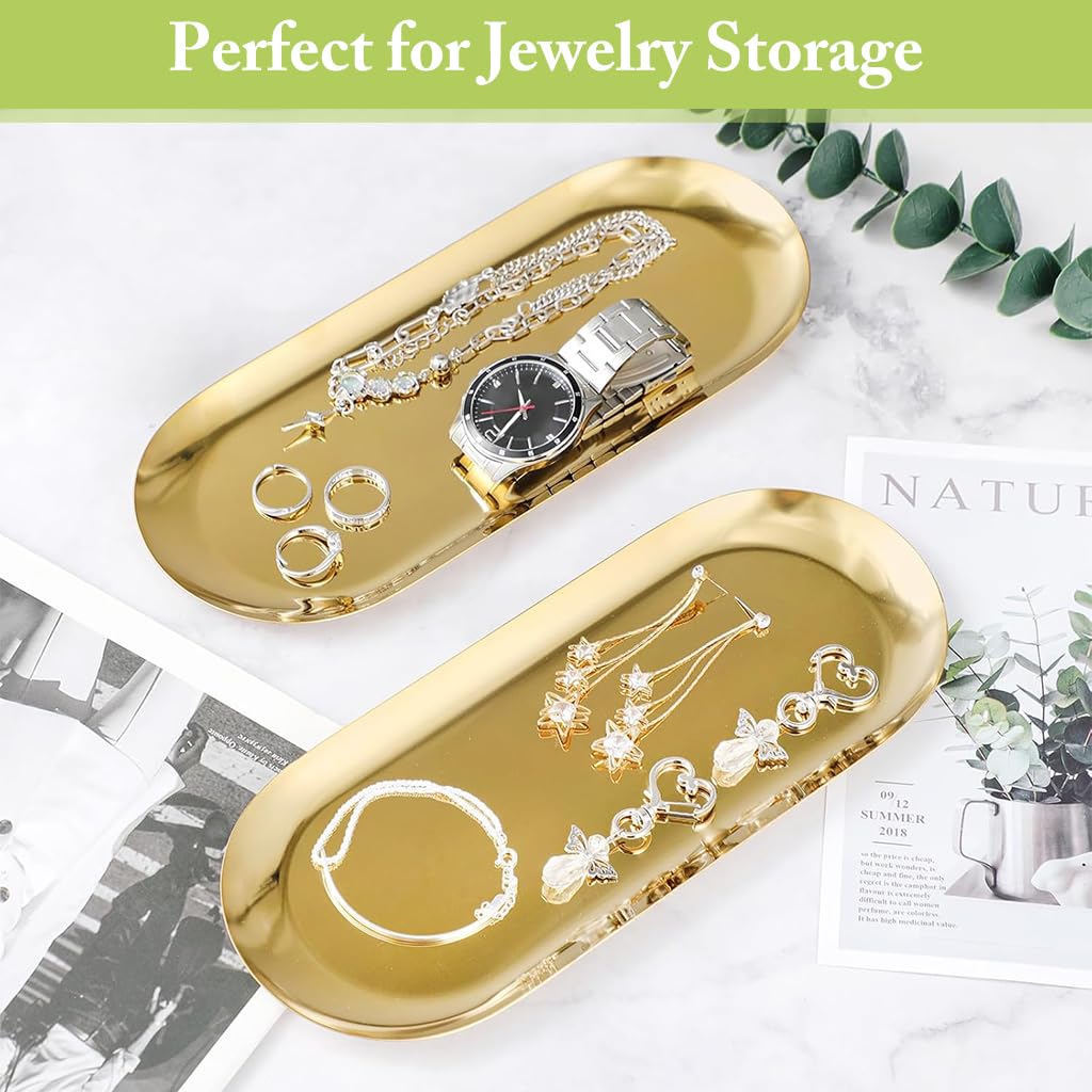 HASTHIP 2Pcs Golden Trays Stainless Steels Jewelry Organizer Trays Dressing Table Organizer Trays Bathroom Vanity Trays Multi Purpose Organizer Trays Kitchen Food Trays, 23x9cm