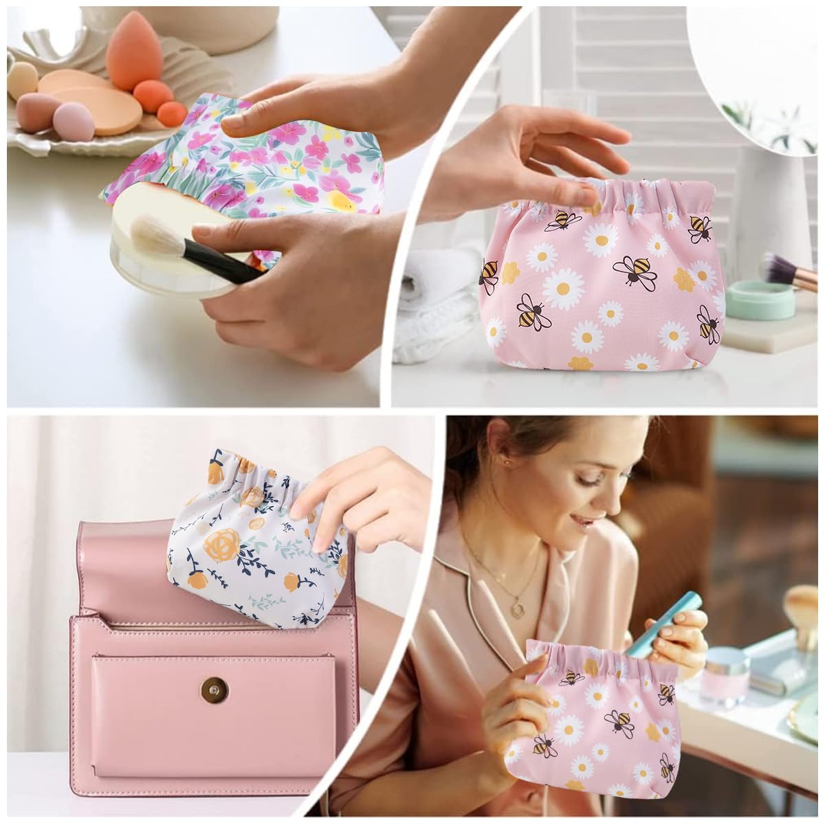 MAYCREATE 3pcs Small Pouches for Women, Travel Mini Makeup Pouch Set, Cute Floral Print Coin Lipstick Pouch for Girls, Oxford Cloth Jewelry Storage Bag Organizer - No Zipper, Self-Closing