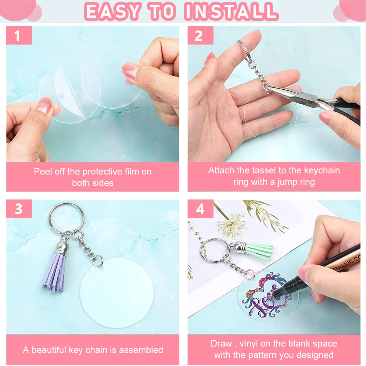 SANNIDHI Acrylic Keychain Blank Circle Kit, 120pcs Clear Keychains Set, Including 30pcs Acrylic Blanks, 30pcs Colorful Tassels, 30pcs Key Chain Rings, 30pcs Jump Rings for DIY Vinyl Crafts