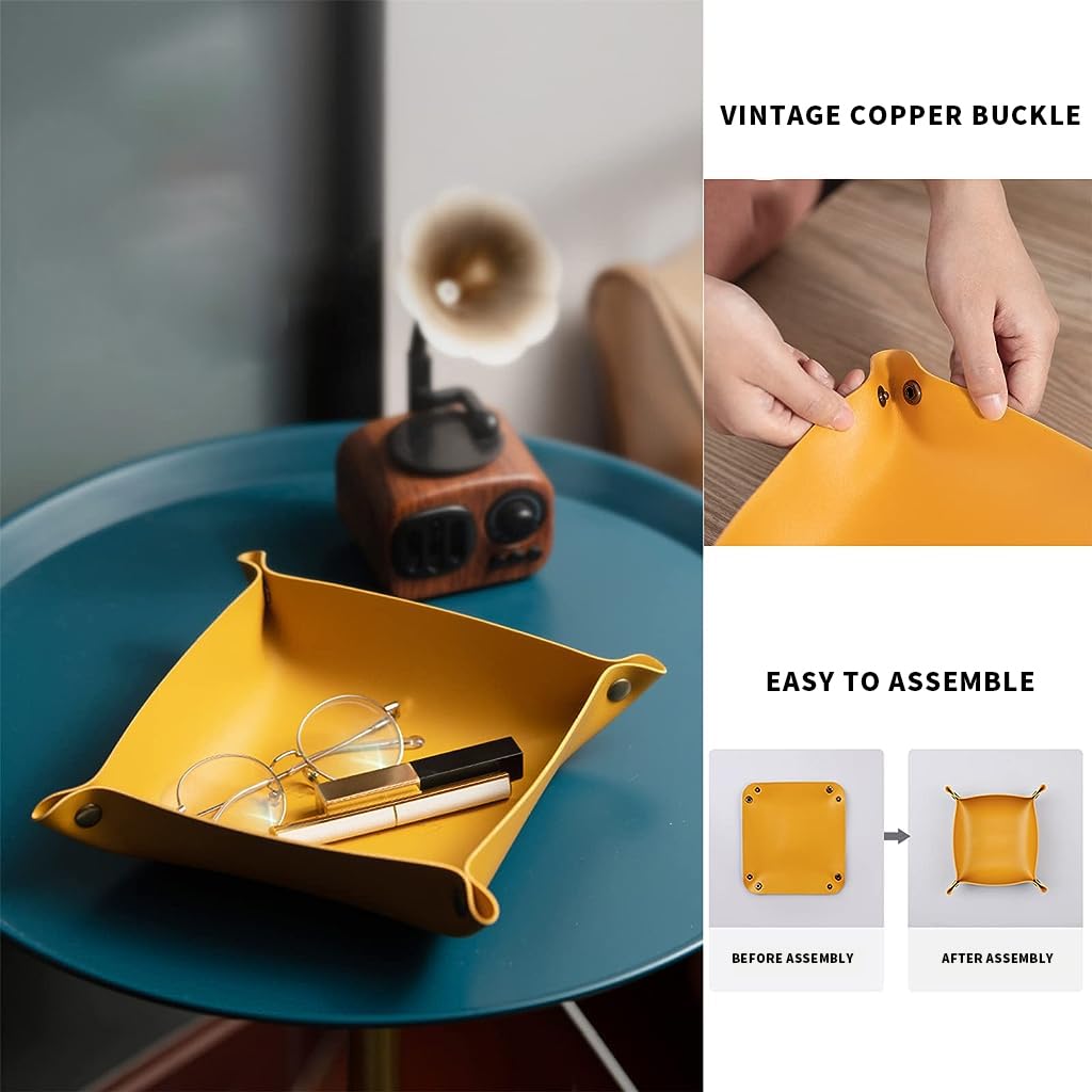 MAYCREATE 3Pcs Leather Valet Tray Organizer, Jewelry Tray, Desk Organizer Leather Catchall Tray for Jewelry/Key/Sun Glasses/Watch/USB Cables/phone etc. For Travel, Home Or Office, Yellow