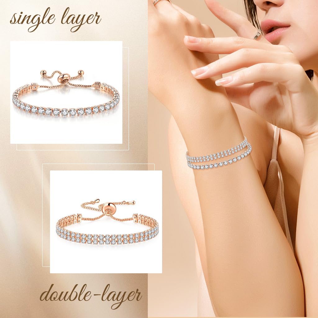 SANNIDHI 2Pcs Tennis Bracelets for Women Stylish, Rose Gold Cubic Zirconia CZ Dainty Bracelet for Women Brides, Stackable Fashion Jewelry Wedding Prom Birthday Christmas Gift