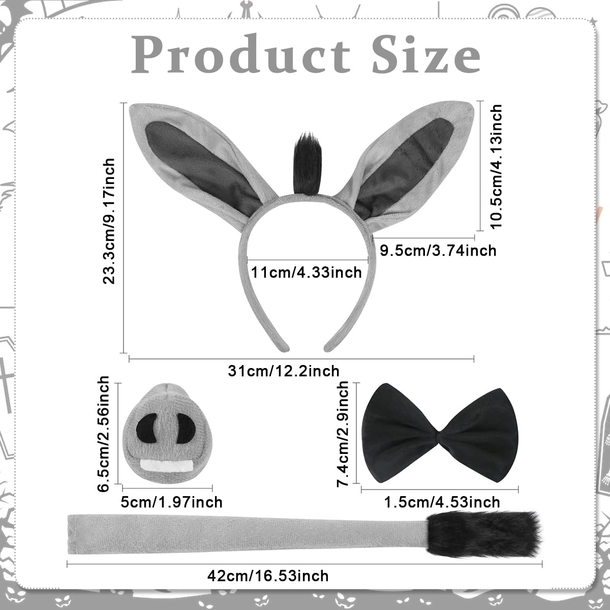 PALAY Animal Tutu Skirt Costume Set, Halloween Animal Costume Accessories Headband Tail Ears Bow Tie Tail Tutu for Toddler Kids Fancy Dress Up Birthday Costume Cosplay, Donkey