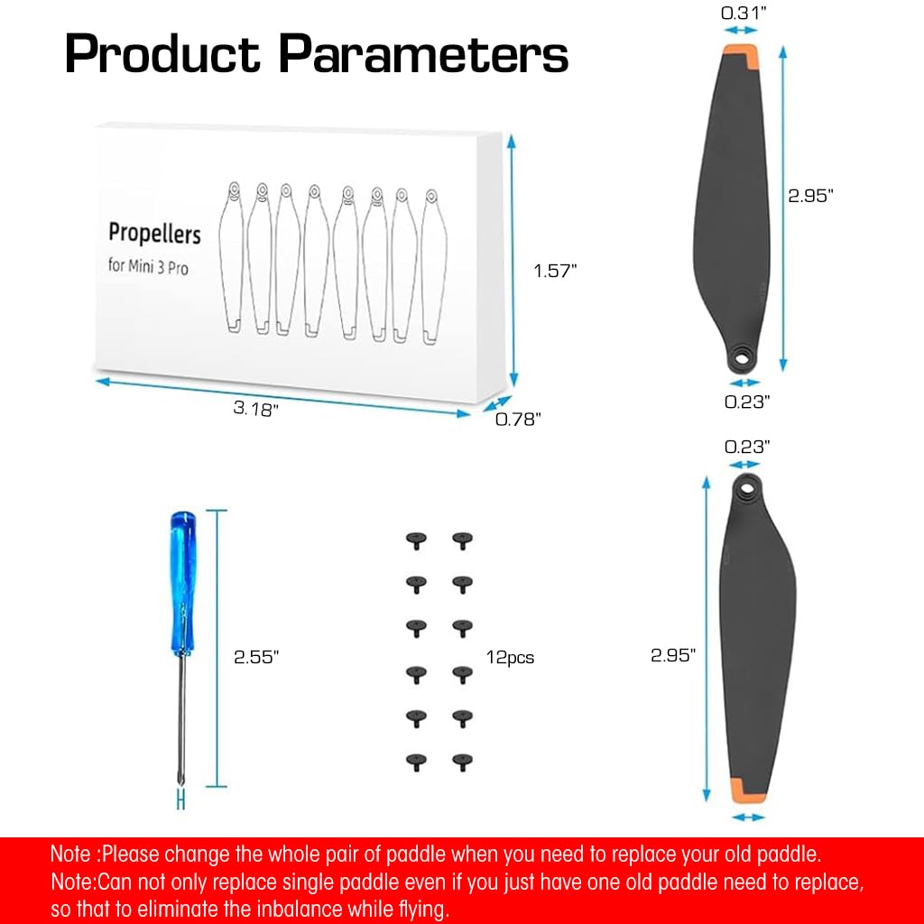 ZORBES Dji Mini 3 Pro Propeller, 8Pcs Dji Mini 3 Propeller Blades Replacement, Ultral Lightweight Silent Flight Propeller Set With Screwdriver 12 Screws, Low Noise Replacement Drone Wings