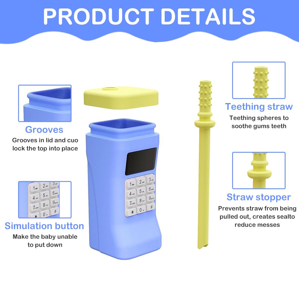 SNOWIE SOFT Silicone Baby Straw Cup Sippy Cup, Creative Cell Phone Baby Teether Silicone Sippy Cup for Baby Food-Grade BPA-Free Baby Sipper Bottle with Teether Straw, Baby Shower Gift, 150ml Blue
