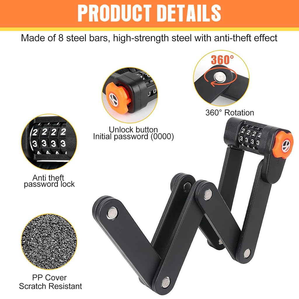 Proberos Bicycle Chain Lock, Anti-Theft Bike Locks, Folding Combination Chain Lock Bike Mounting Cut-proof Alloy Steel Chain Lock Anti-theft Wheel Lock for Motorcycle, Scooter, Bike