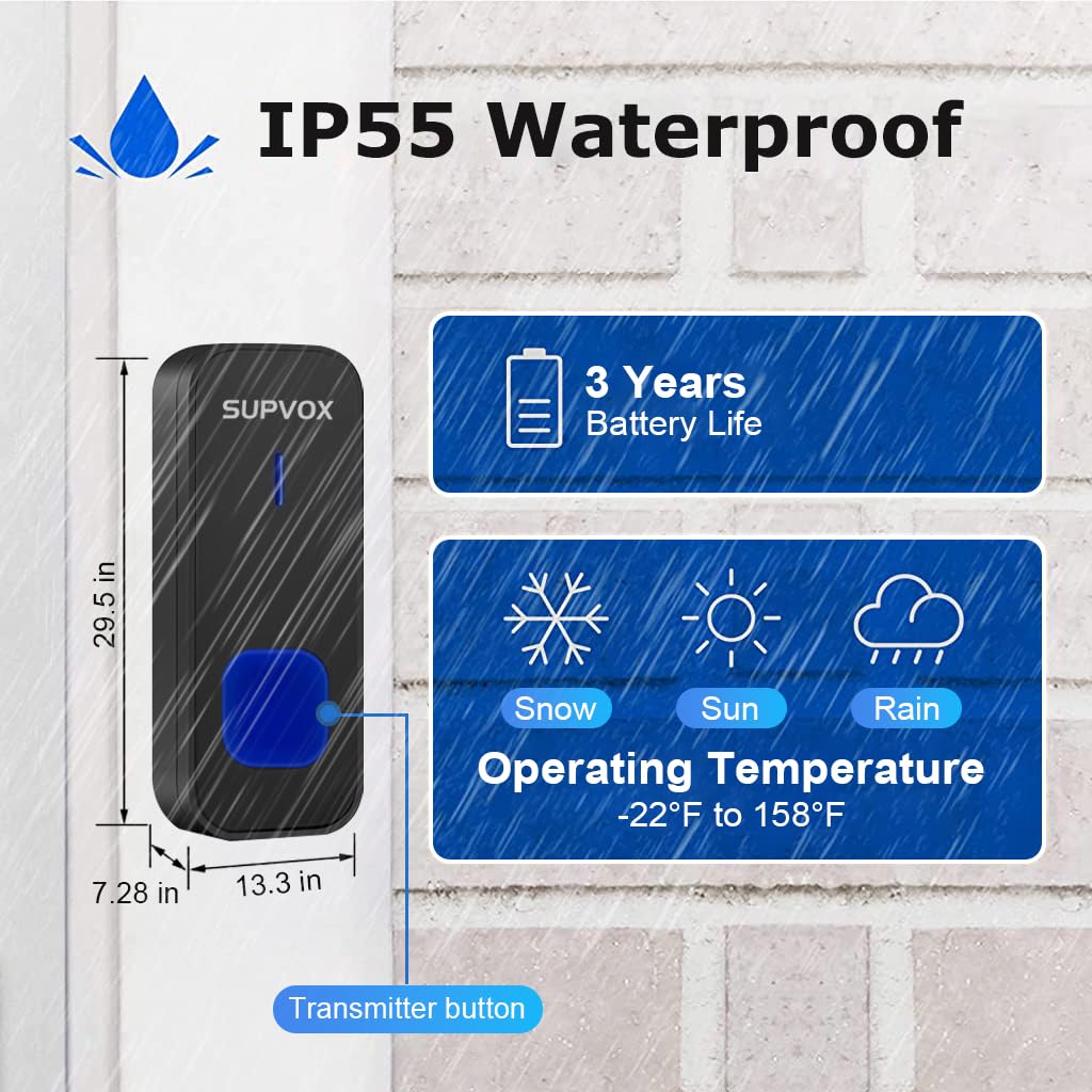 Supvox Door Bell for Home 1 Receiver & 2 Transmitter Wireless Bell for Office Calling Bell Wireless Waterproof IP55 Long Range Remote Bell with LED Indicator Light and 55 Ringtones Door Bell