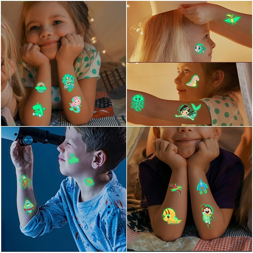 MAYCREATE 20 Sheets Waterproof Cartoon Fake Tattoo Sticker Glow in The Dark Unicorn Mermaid Outspace Dinosaur Tattoo, Boys Girls Party Supplies Gift