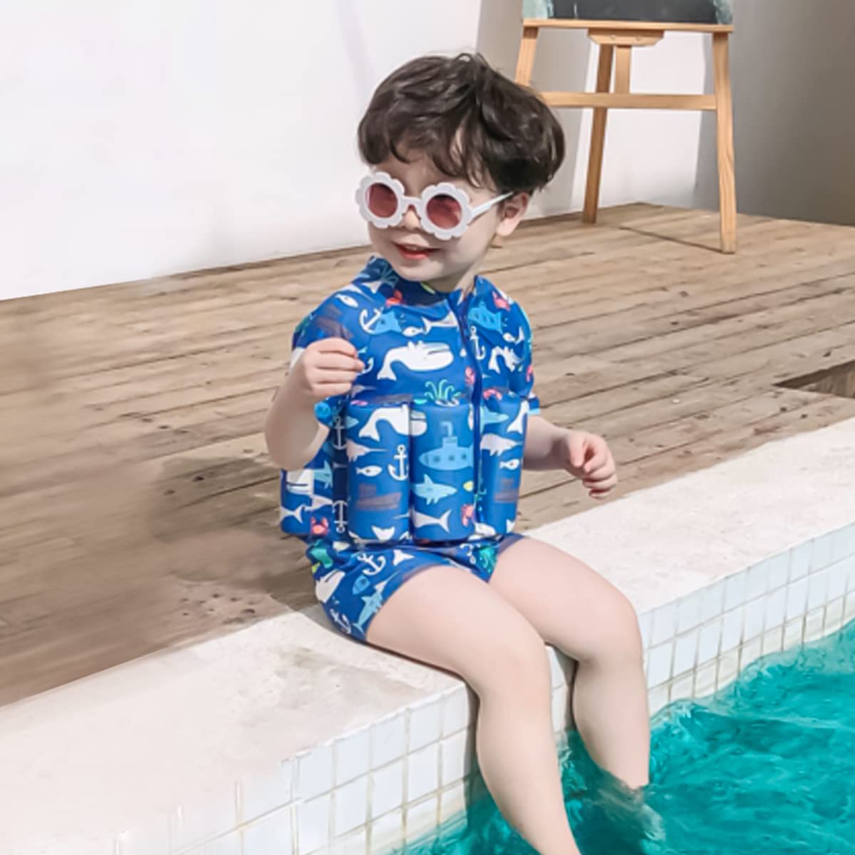 Proberos Swimming Costume Set for Kids with Swimming Cap and Detachable Life Jacket, Swim Suit for Boys Girls Height 100-110cm, Weight Below 25kg Blue