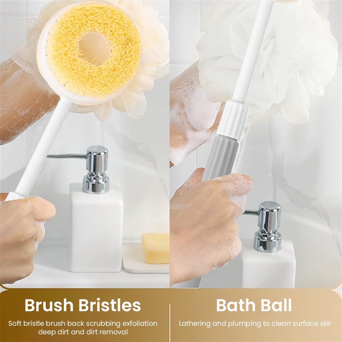 MAYCREATE Silicone Back Scrubber for Shower, Silicone Body Scrubber, Silicone Bath Body Brush with Long Handle and Hook, Dual-Sided Shower Brush for Men and Women
