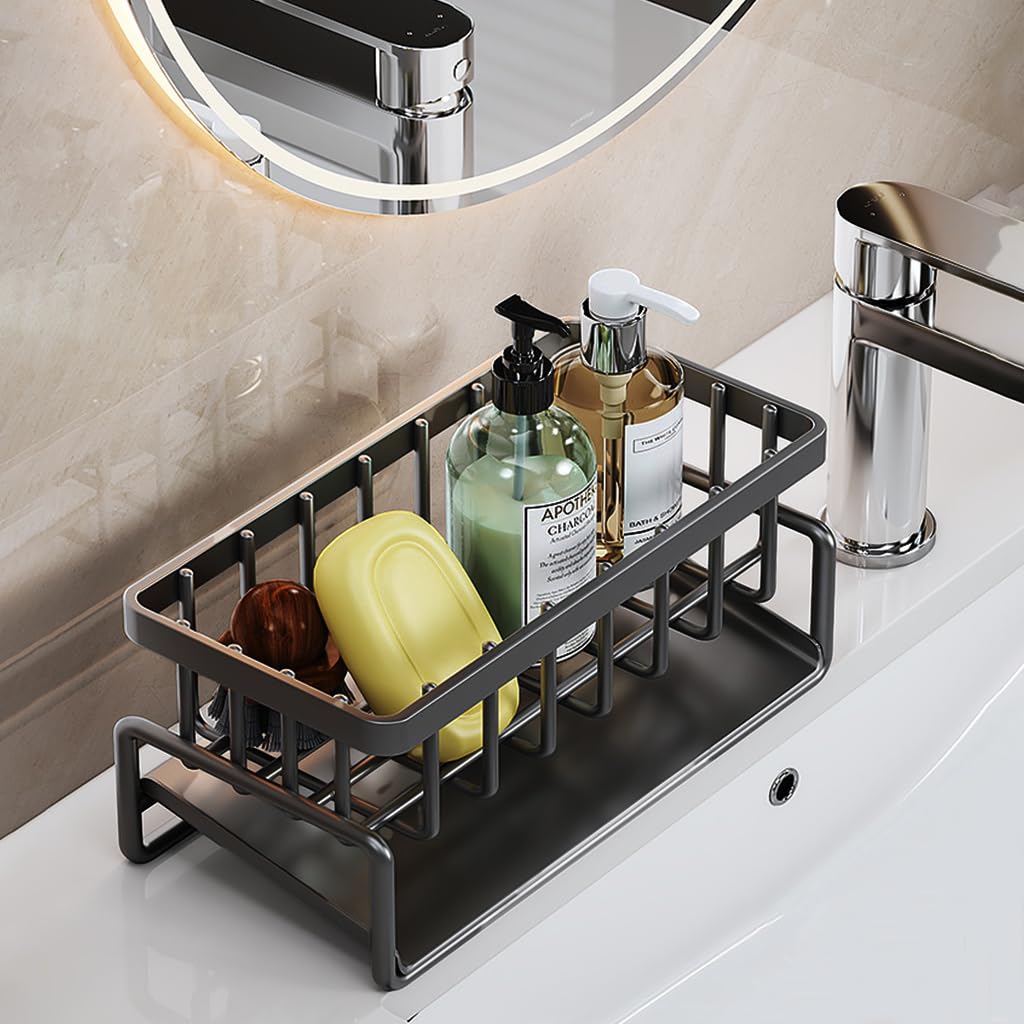 Supvox Kitchen Sink Organizer, Kitchen Sink Drain Rack, Kitchen Sink Caddy Organiser, Sponge Sink Caddy, Stainless Steel Sponge Holder Rack for Dish Soap, Brush, 23x9x10cm (Sliver)