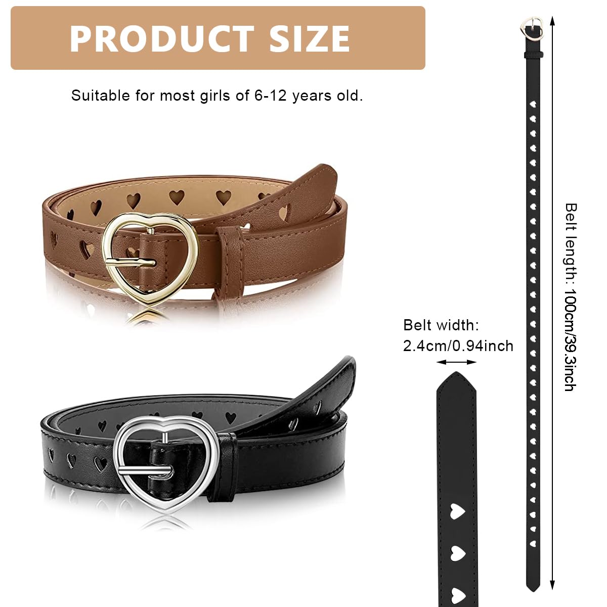 PALAY Kids Belt for Girls 6-12, 2Pcs Fashion Girls Belt PU Leather Hollow Heart Metal Buckle Belt for Girl Jeans Dress Pants Gift (Black & Brown, Suit for Waist 26-30