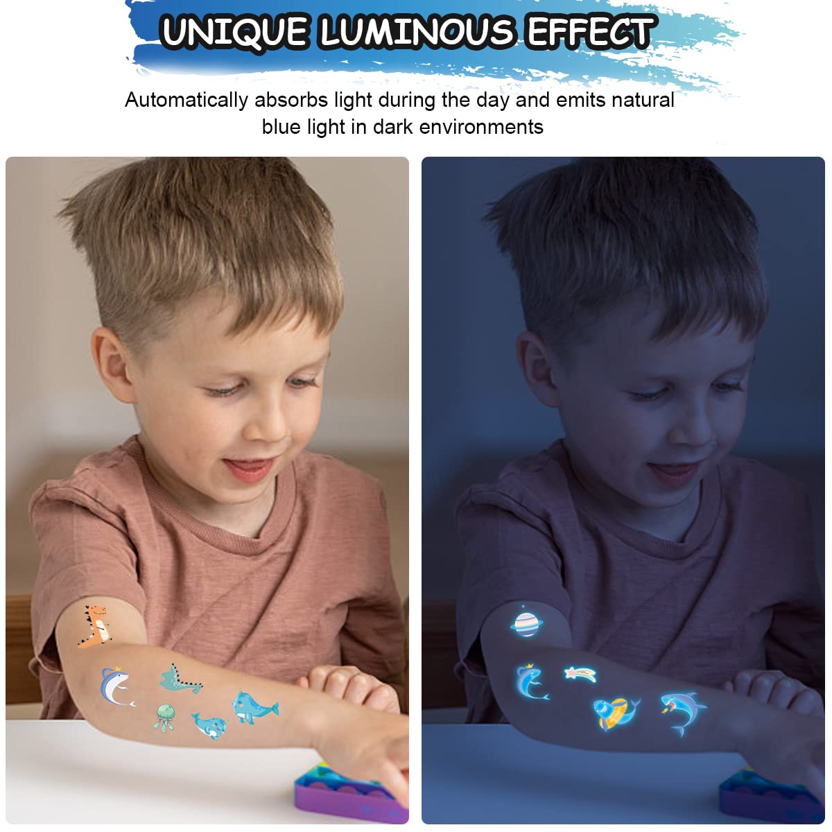 MAYCREATE 20 Sheets Waterproof Cartoon Temporary Tattoo Sticker Night Glow Sticker,Marine Theme Cartoon Sticker for Boys Girls Sticker