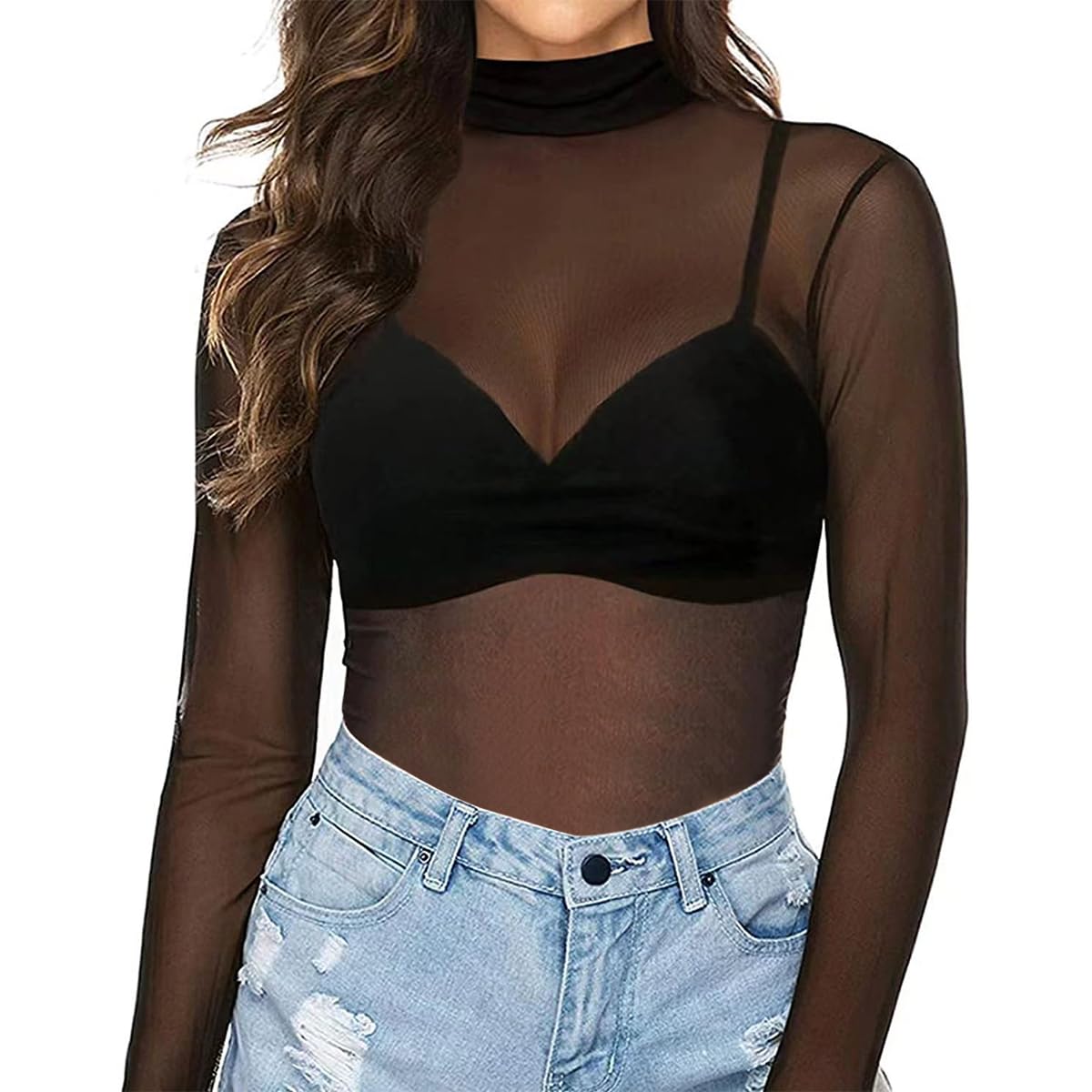 PALAY Women's Mesh Tops High Neck See Through Shirts Short Sleeve Long Sleeve Bodycon Sheer Slim Fit Blouse Clubwear, M