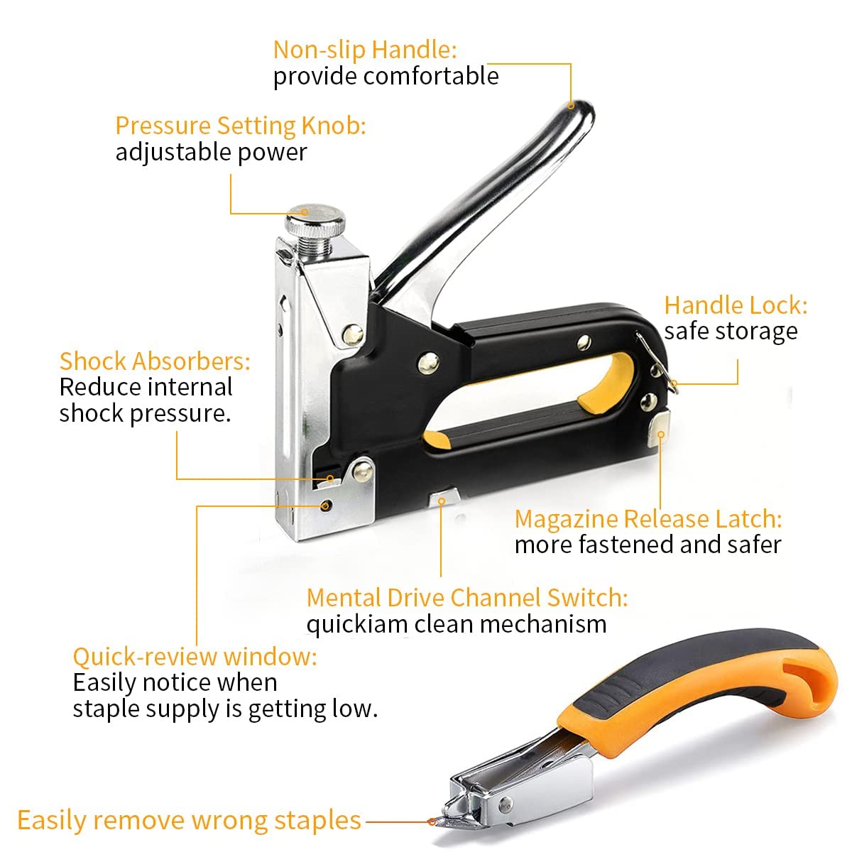 HASTHIP Heavy Duty Staple Gun, 3 in 1 Heavy Duty Stapler Staple Gun with Stapler Remover and 2100Pcs Staples, Tracker Machine with Pins Staple and Nail Gun for Wood Furniture Woodworking SofaSeat Cover Repair