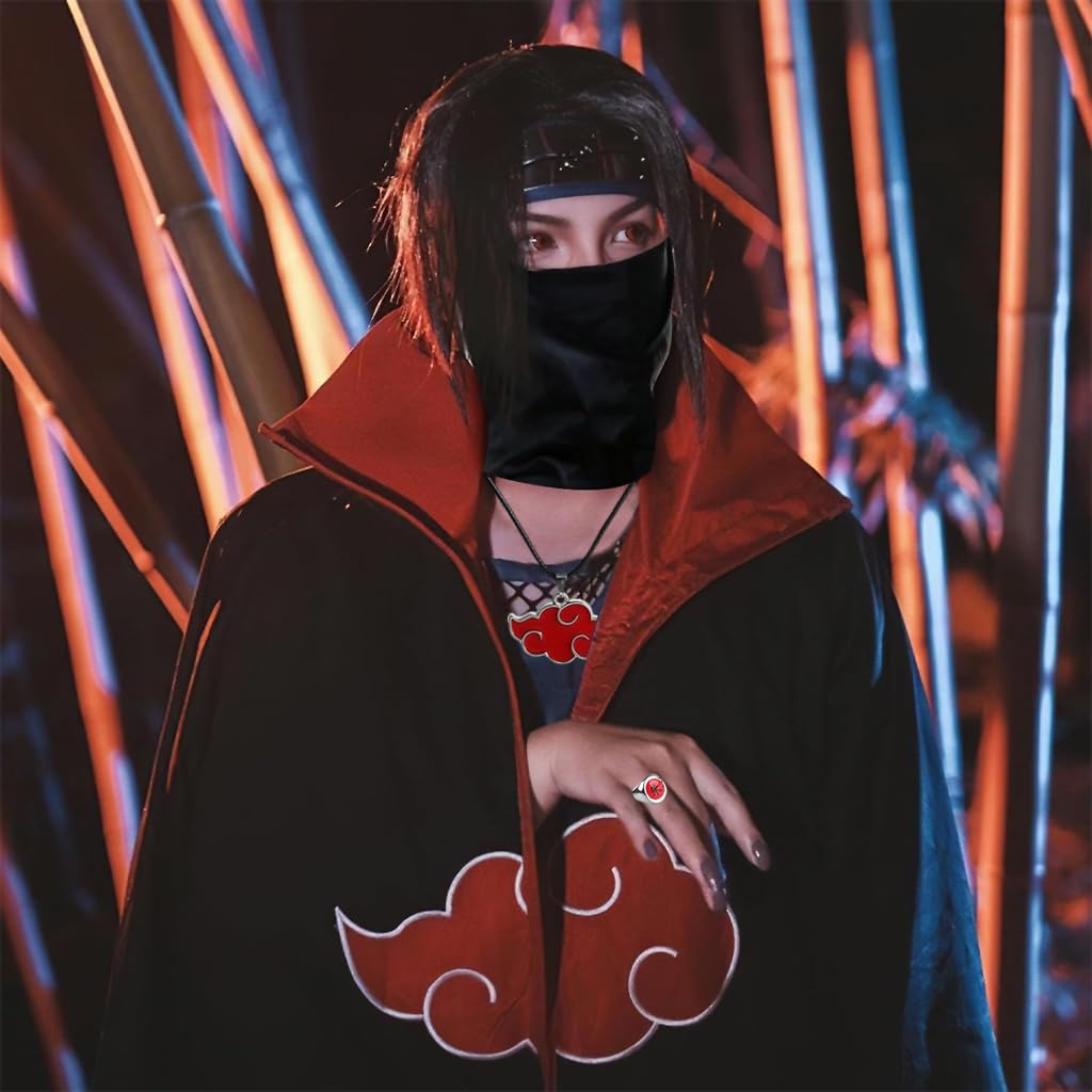 PATPAT Akatsuki Cloak 4Pcs Set, Anime Cosplay Costumes for Women Men with Headband Necklace Ring for Halloween Cosplay Party - Size XL