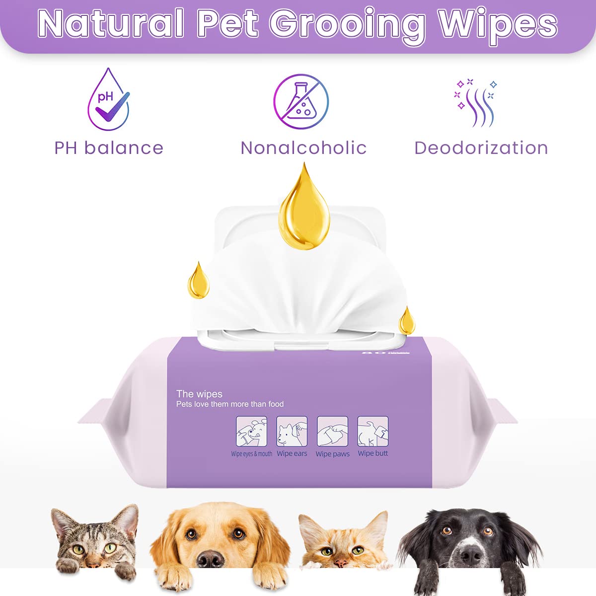 Qpets 6 Pack AlcoholFree Pet Wipes Dogs AlcoholFree, Cat Dog Wipes, Wipes Pet Use Tear Stain Remover Wipes, Dog Wipes for Eye Ear Butt, Ear Cleaner Pads, Wet Wipes for Dog(80 Sheet/Pack)
