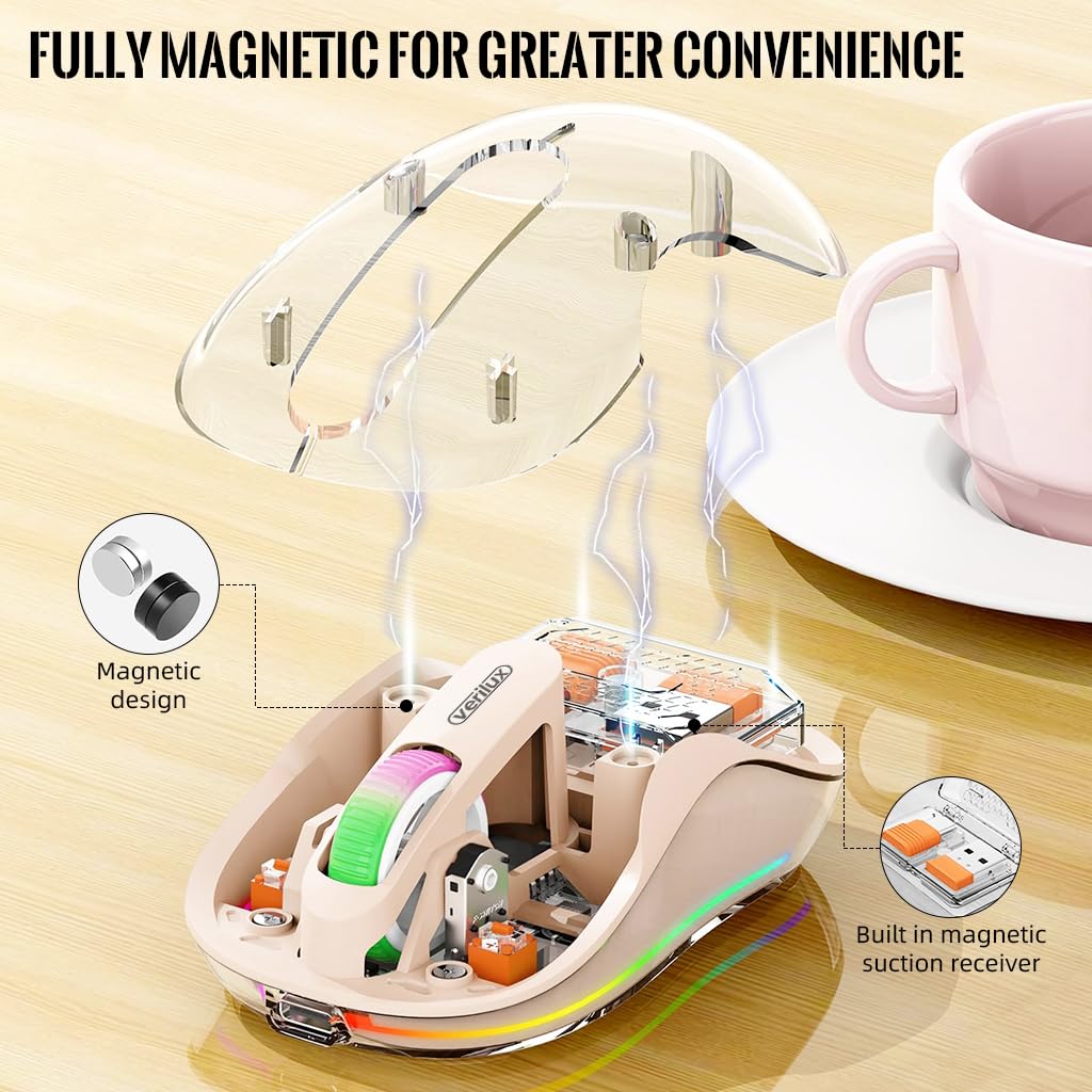 Verilux Wireless Mouse, Transparent Rechargeable Bluetooth Mouse, Wireless Gaming Mouse with 2.4G & 3.0BT & 5.0BT, 4 Gears Adjustable DPI Design Wireless Mouse for Laptops/Mac/PC/iPad-Pink