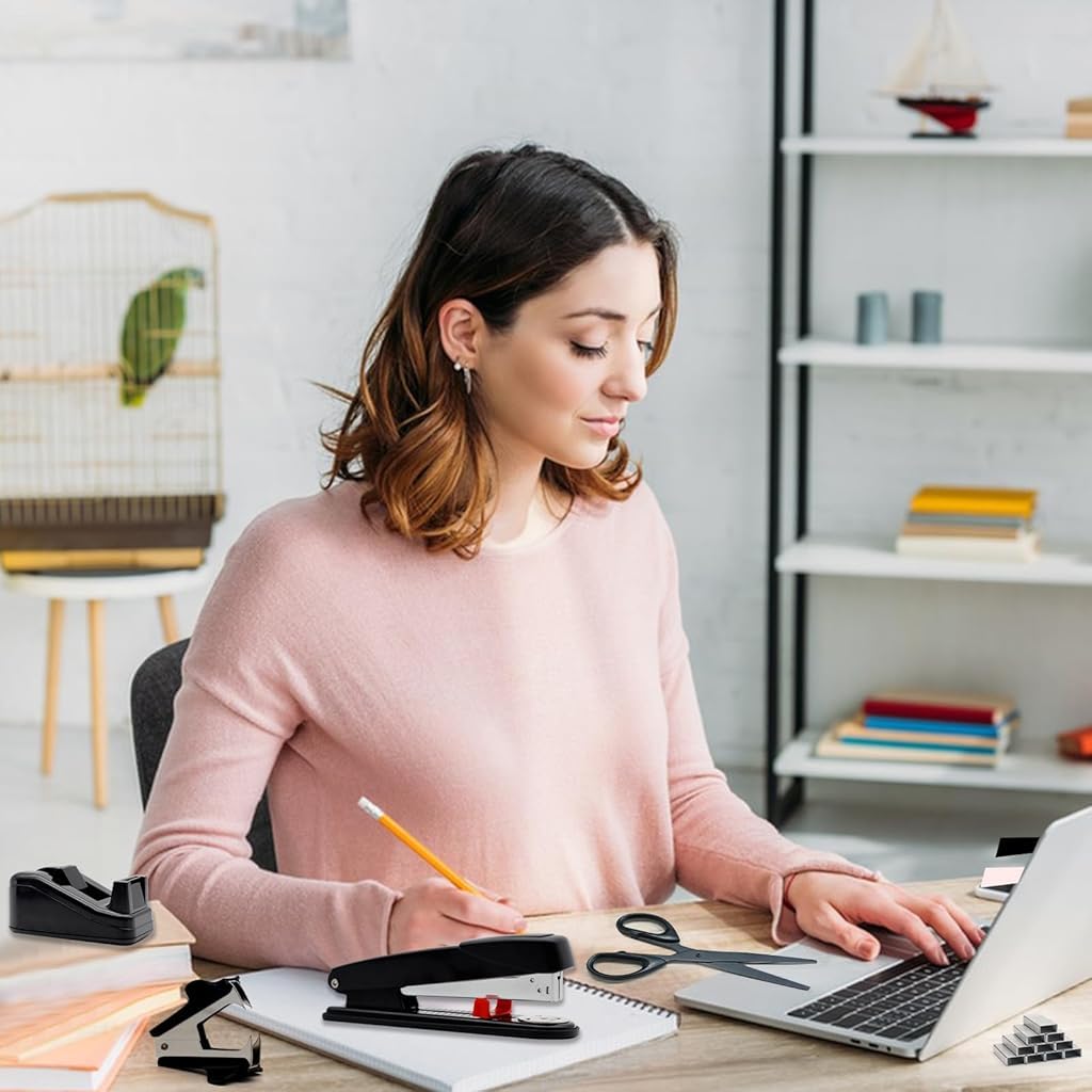 Climberty® Black Desk Accessories Set, Large Stapler, Tape Dispenser, Staple Remover, Scissors, Staples, Clips, Push Pins, Tabs & Ruler, Compact & Durable, Stationery Items for Office, School & Home